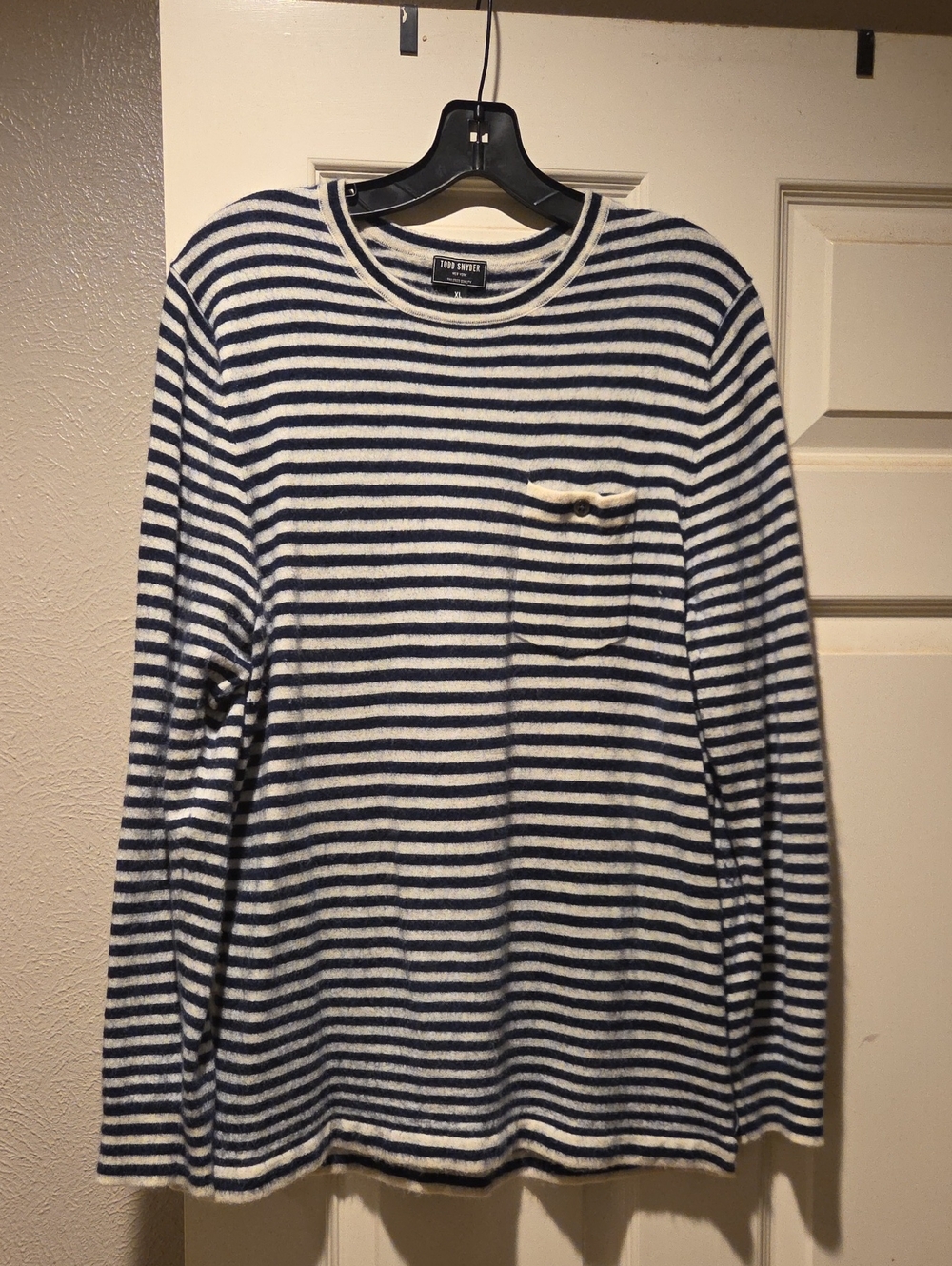 Todd Snyder Cashmere Navy and White Striped Long-Sleeve Pocket Tee